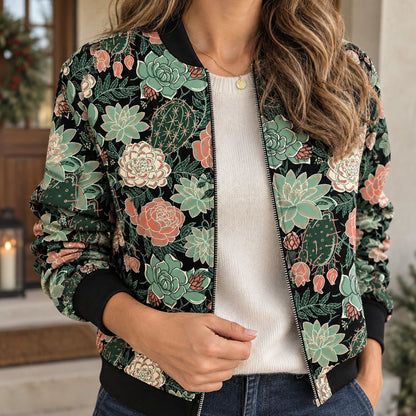 Women's Printed Zip Bomber Jacket — Zoë — Black Succulent Floral — close up of the outlined green and coral flower — view 15