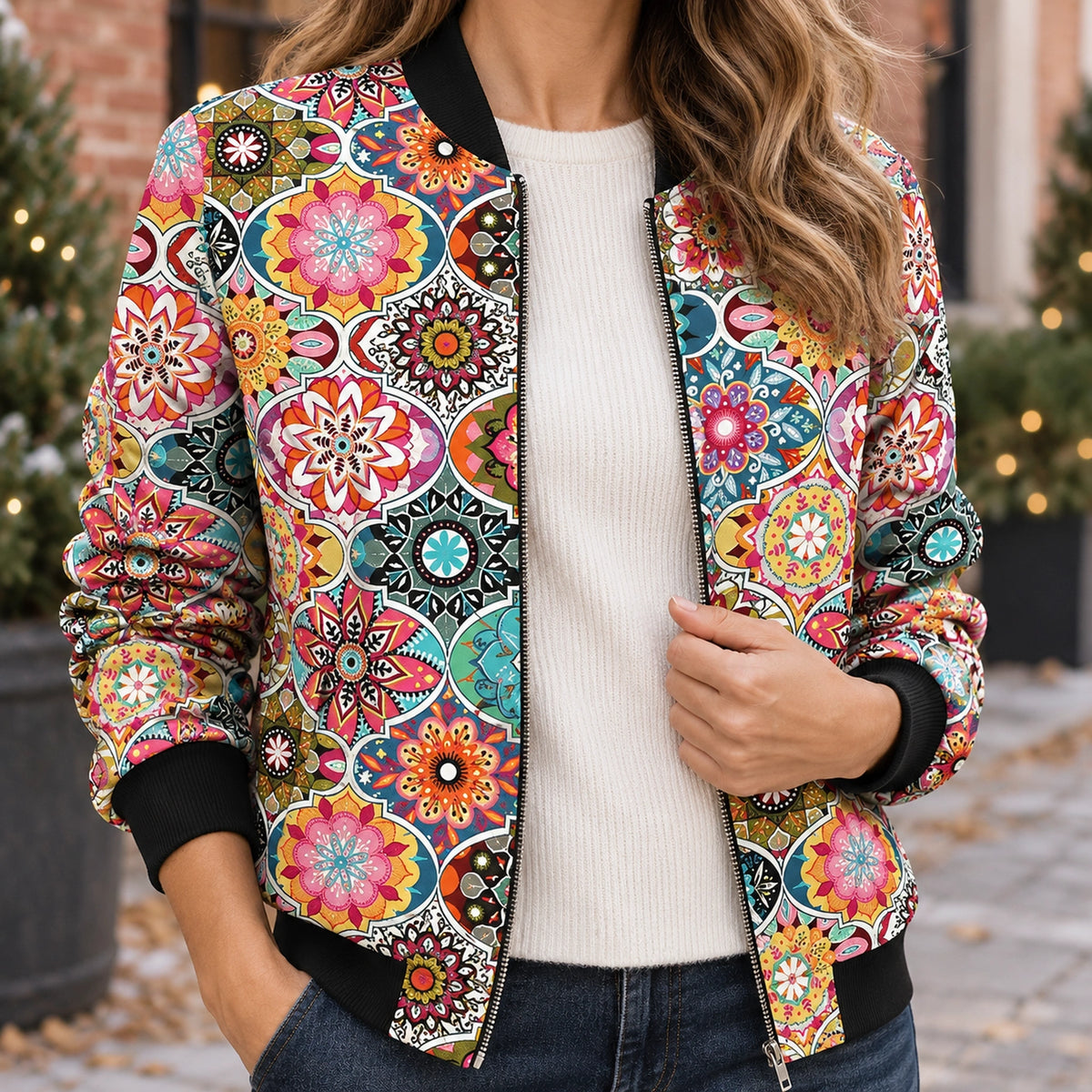 Women's Printed Zip Bomber Jacket — Zoë — Multicolor Medallion — close up of the colorful round fabric print — view 16