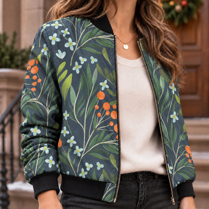 Women's Printed Zip Bomber Jacket — Zoë — Slate Botanical — close up of the stems flowers and orange berries — view 17