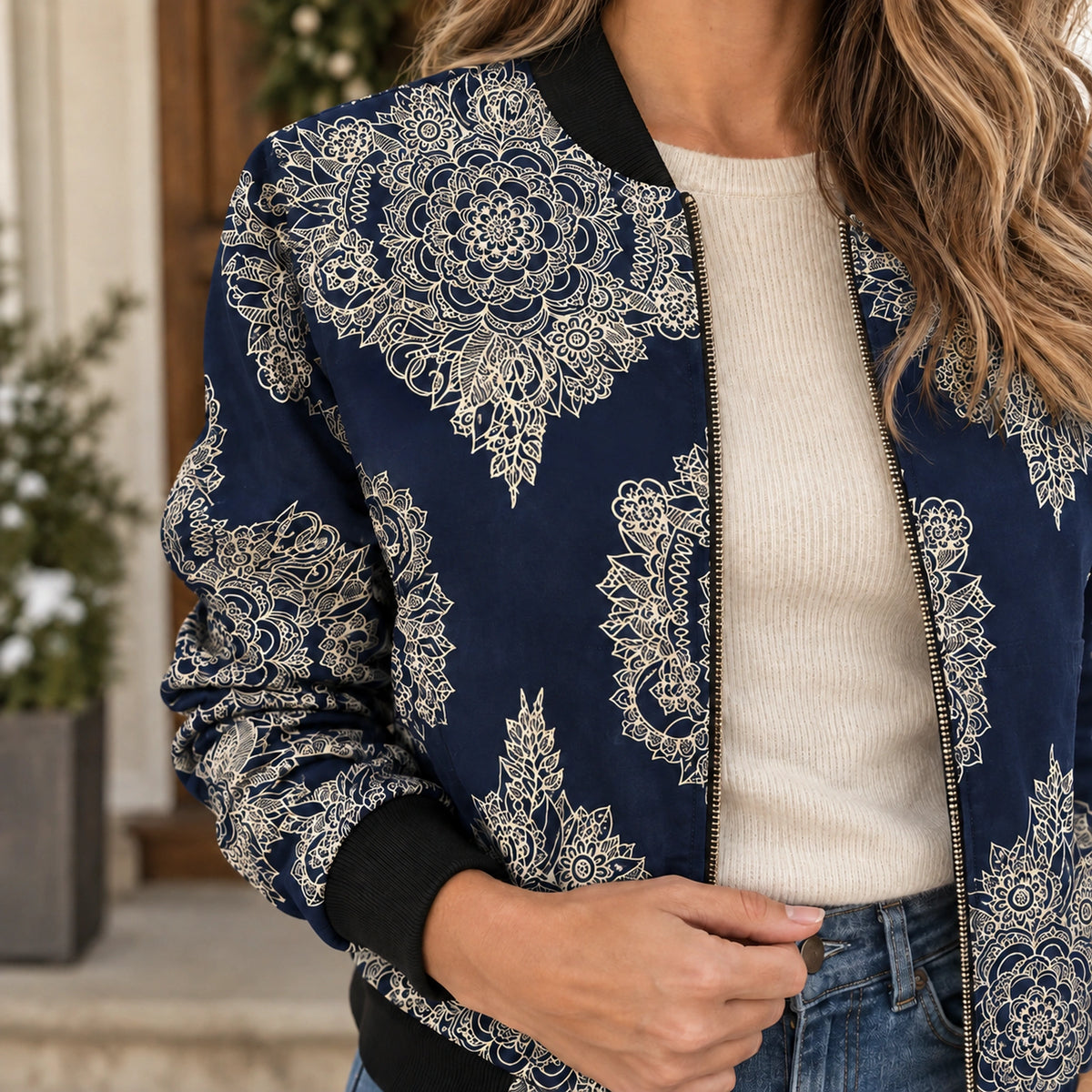 Women's Printed Zip Bomber Jacket — Zoë — Navy and Cream Medallion — close up of the intricate on beside zipper — view 19