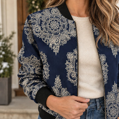 Women's Printed Zip Bomber Jacket — Zoë — Navy and Cream Medallion — close up of the intricate on beside zipper — view 19