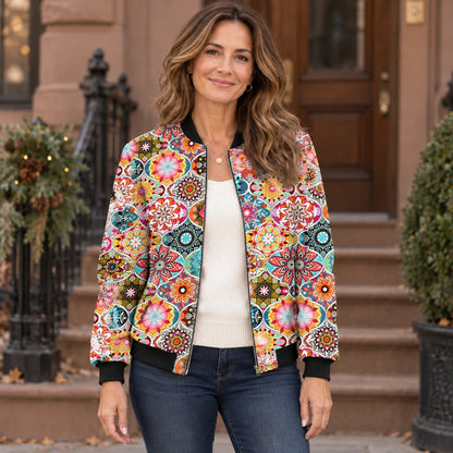 Women's Printed Zip Bomber Jacket — Zoë — Multicolor Medallion — complete front view, product focused image — view 2