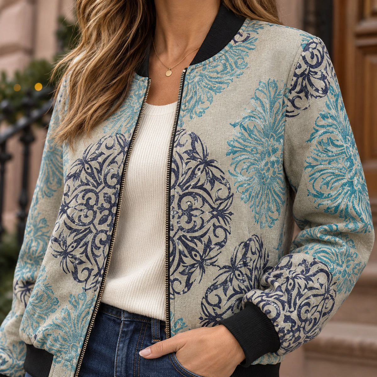 Women's Printed Zip Bomber Jacket — Zoë — Beige and Blue Medallion — close up of the turquoise navy print on fabric — view 21