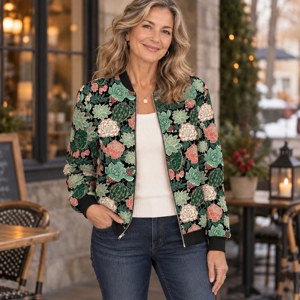 Women's Printed Zip Bomber Jacket — Zoë — Black Succulent Floral — straight complete front view on an older model — view 9