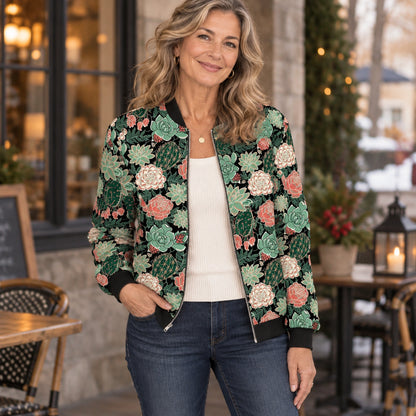 Women's Printed Zip Bomber Jacket — Zoë — Black Succulent Floral — straight complete front view on an older model — view 9