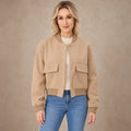 Women's Snap Front Pocket Bomber Jacket — Mira — Khaki — complete view, image