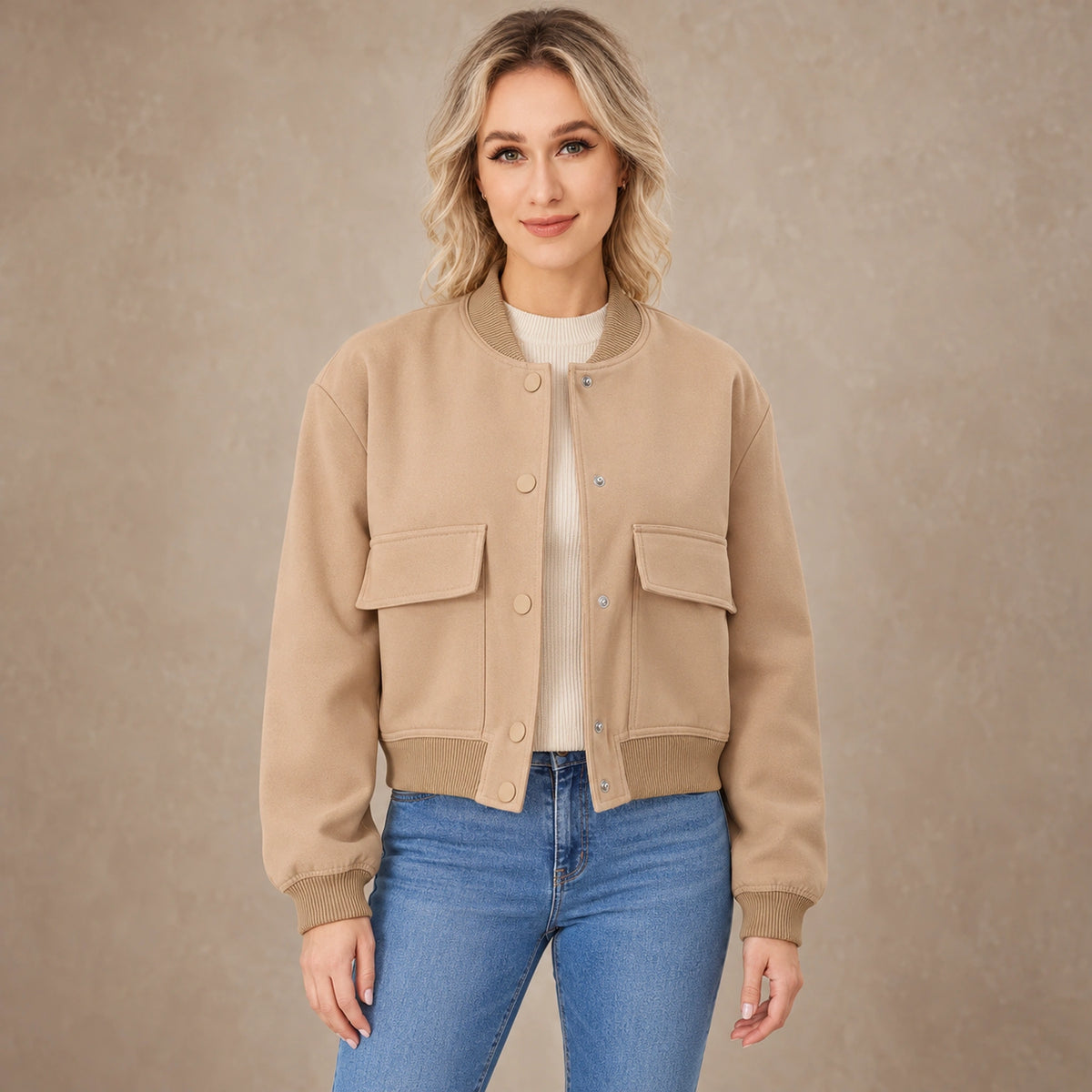 Women's Snap Front Pocket Bomber Jacket — Mira — Khaki — complete view, image