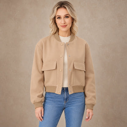 Women's Snap Front Pocket Bomber Jacket — Mira — Khaki — complete view, image