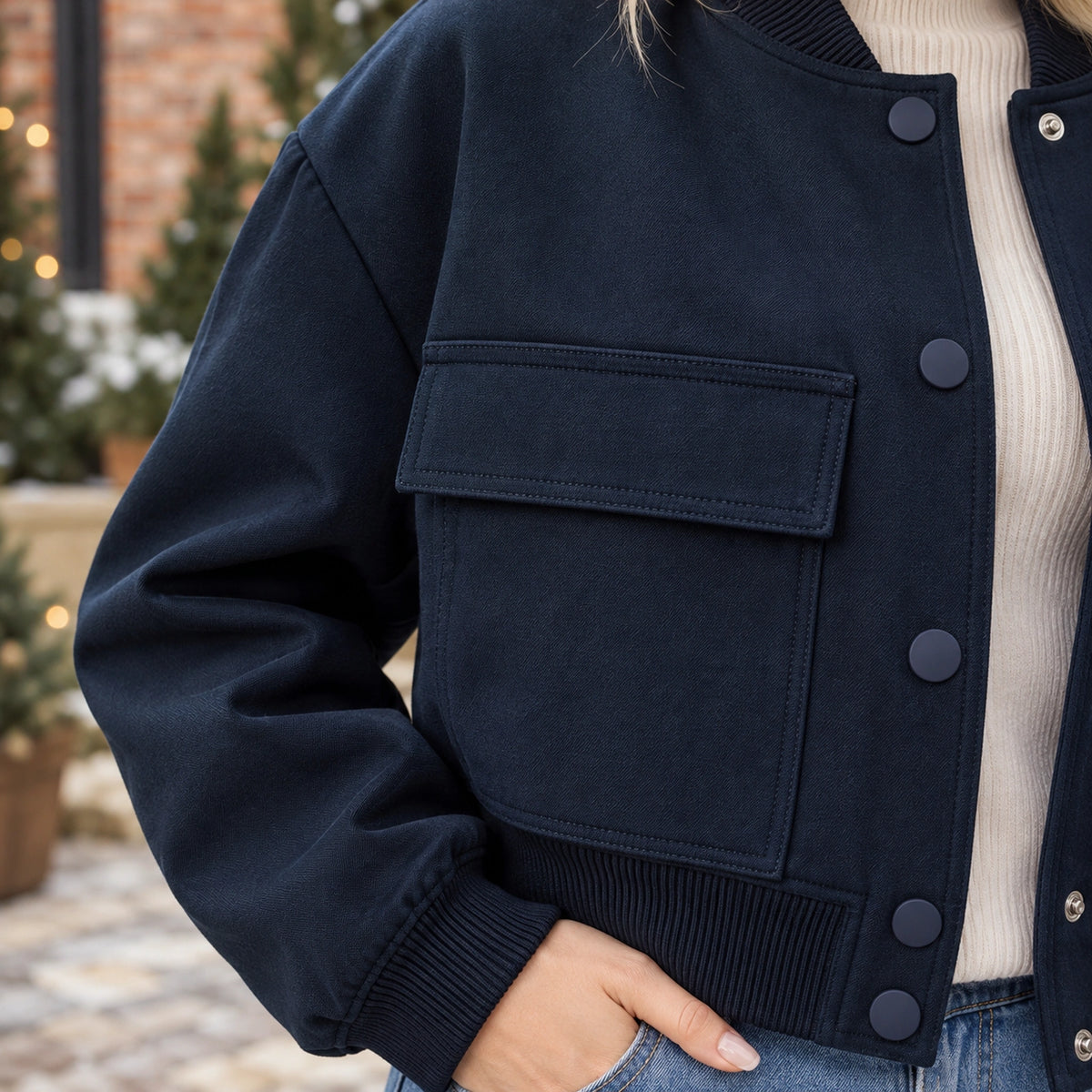 Women's Snap Front Pocket Bomber Jacket — Mira — Navy — close up of the oversized flap and double stitching — view 10
