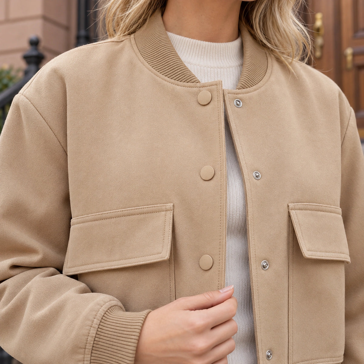 Women's Snap Front Pocket Bomber Jacket — Mira — Khaki — close up of the covered and placket construction — view 11