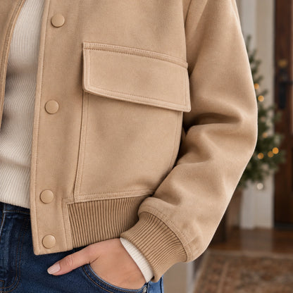 Women's Snap Front Pocket Bomber Jacket — Mira — Khaki — close up of the corner meeting rib hem — view 13