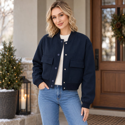 Women's Snap Front Pocket Bomber Jacket — Mira — Navy — complete garment from a shallow 20 degree left angle, arms — view 4