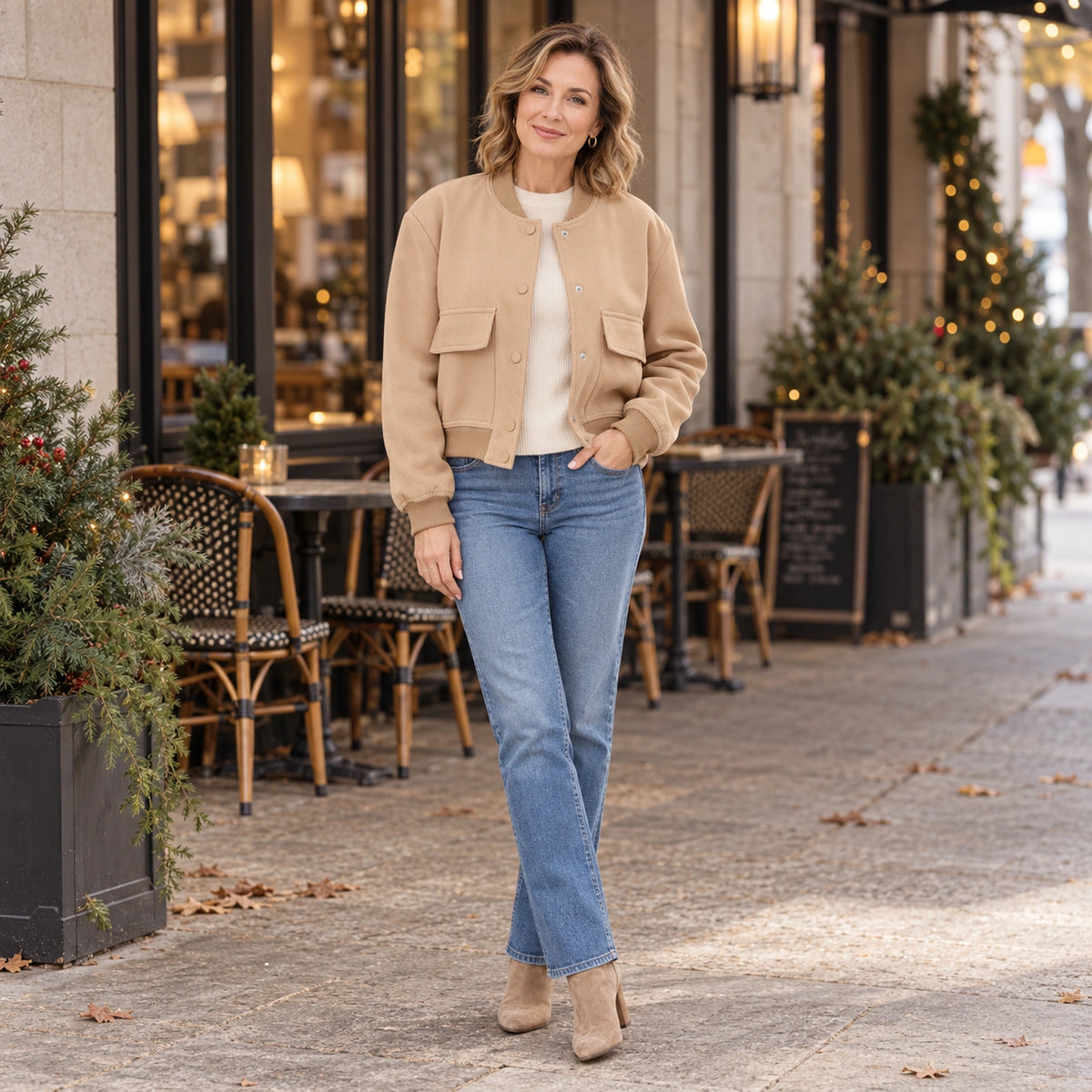 Women's Snap Front Pocket Bomber Jacket — Mira — Khaki — full outfit while standing naturally by a sheltered elegant — view 7