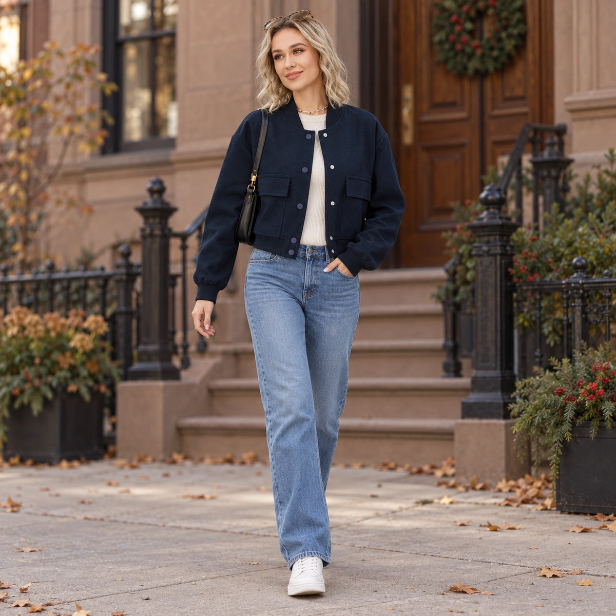 Women's Snap Front Pocket Bomber Jacket — Mira — Navy — full outfit walking slowly along a tasteful US residential — view 8