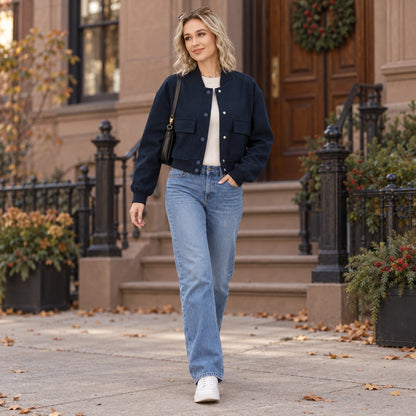 Women's Snap Front Pocket Bomber Jacket — Mira — Navy — full outfit walking slowly along a tasteful US residential — view 8