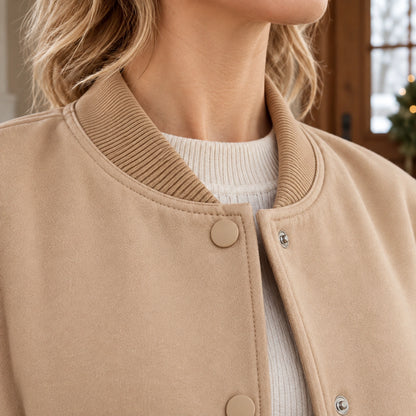 Women's Snap Front Pocket Bomber Jacket — Mira — Khaki — close up of the rib collar and top covered — view 9