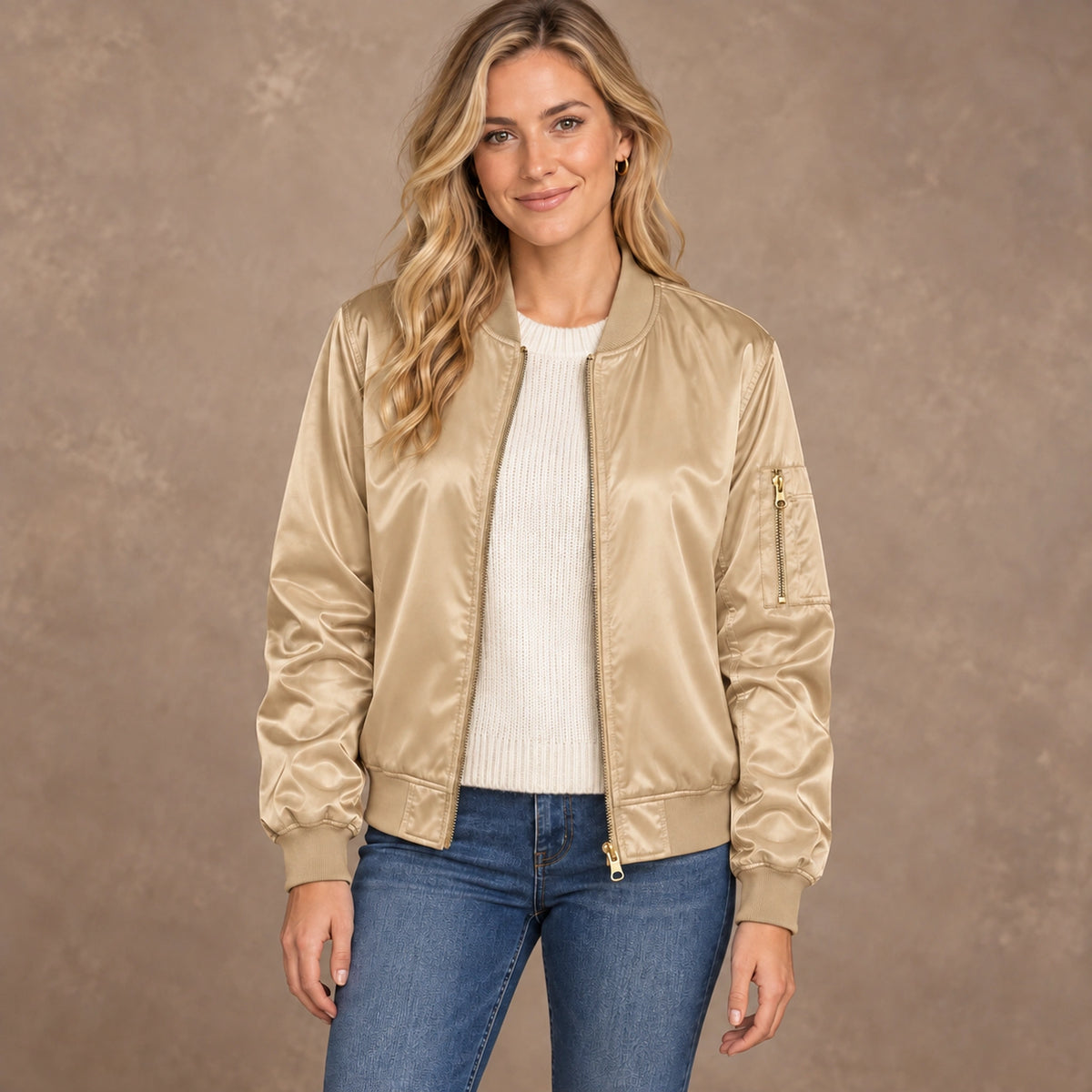 Women's Zip Front Satin Look Bomber Jacket — Daniela — Champagne — complete view, image