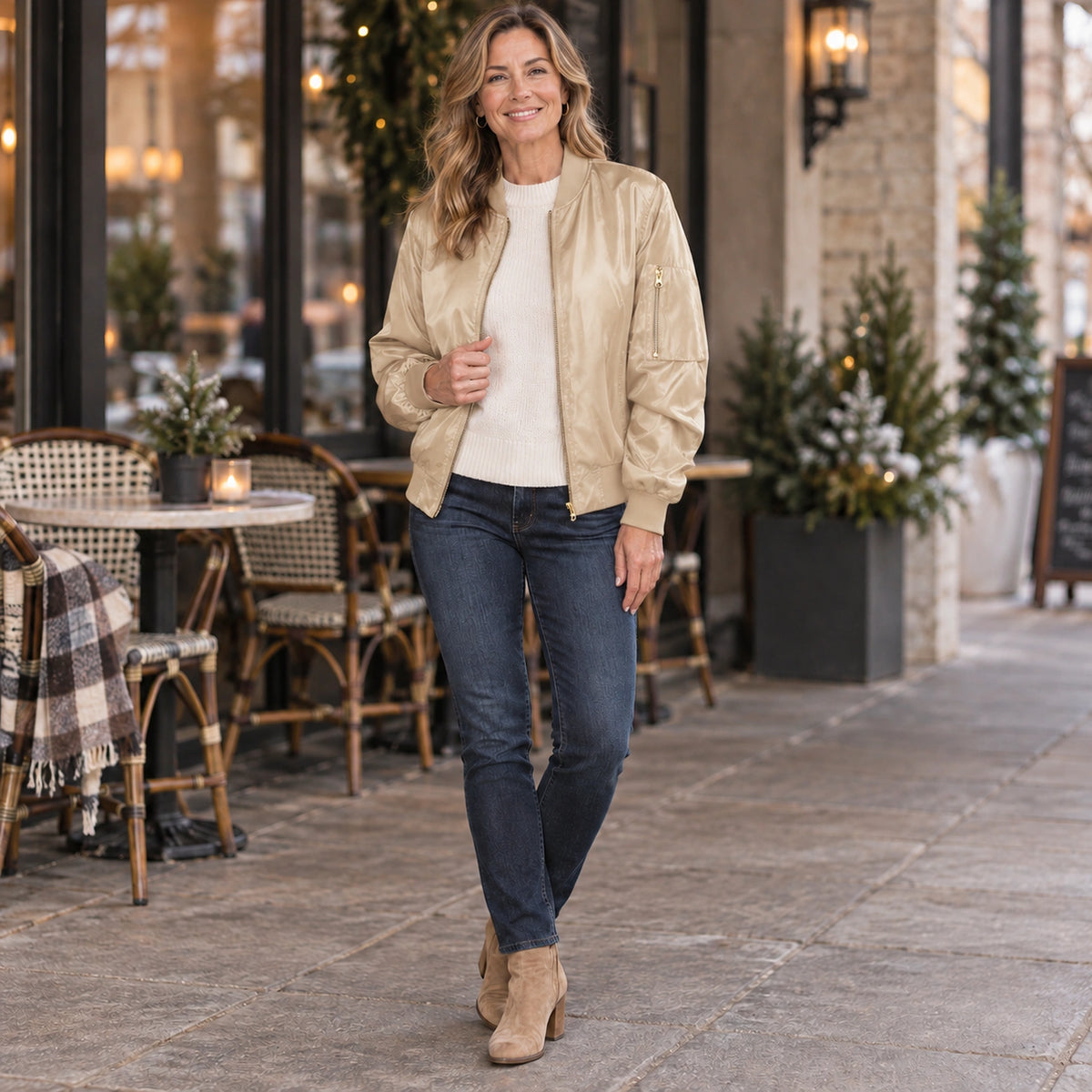 Women's Zip Front Satin Look Bomber Jacket — Daniela — Champagne — full outfit while standing naturally by a — view 11
