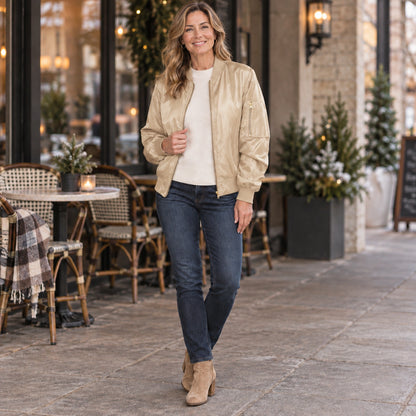 Women's Zip Front Satin Look Bomber Jacket — Daniela — Champagne — full outfit while standing naturally by a — view 11