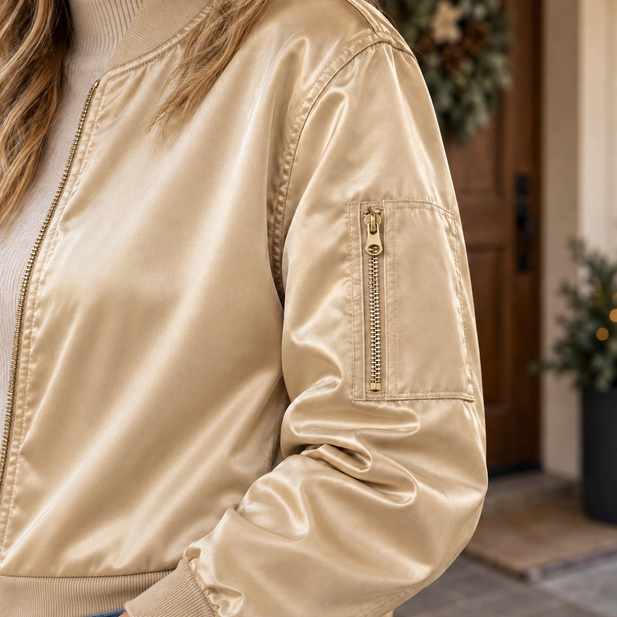 Women's Zip Front Satin Look Bomber Jacket — Daniela — Champagne — close up of the sleeve utility and sheen — view 13