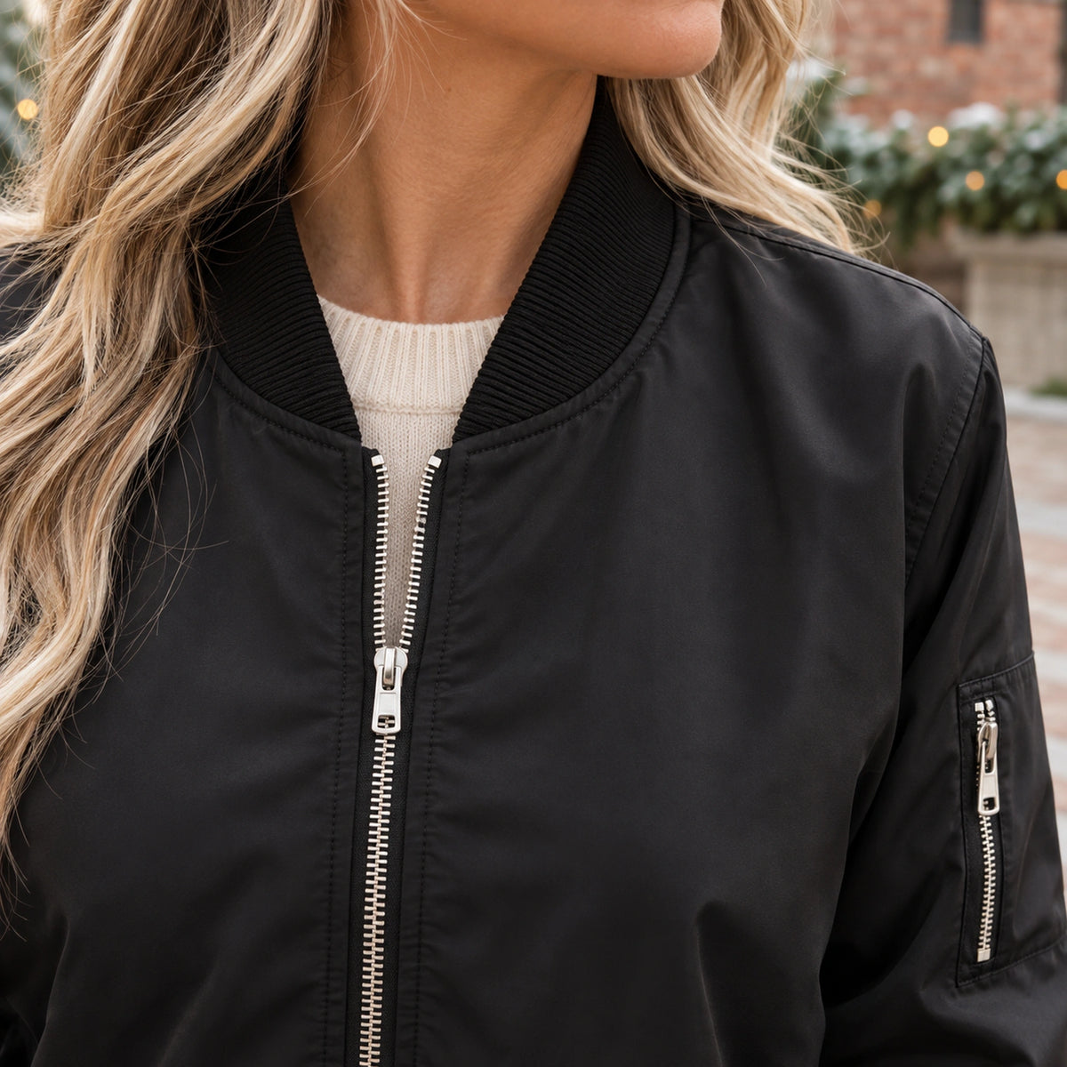Women's Zip Front Satin Look Bomber Jacket — Daniela — Black — close up of the rib collar and silver zipper — view 14