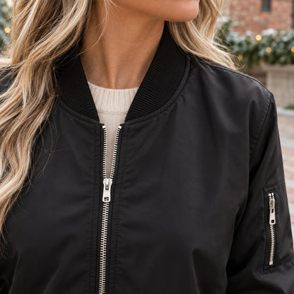 Women's Zip Front Satin Look Bomber Jacket — Daniela — Black — close up of the rib collar and silver zipper — view 14