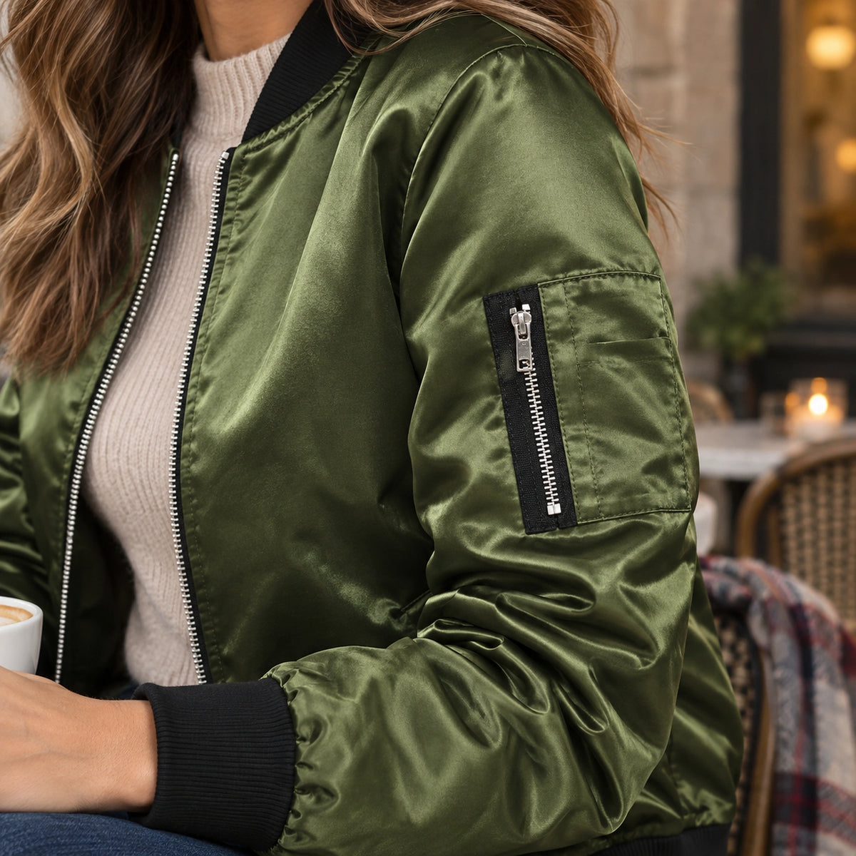 Women's Zip Front Satin Look Bomber Jacket — Daniela — Olive Green — close up of the glossy shell and silver sleeve — view 16
