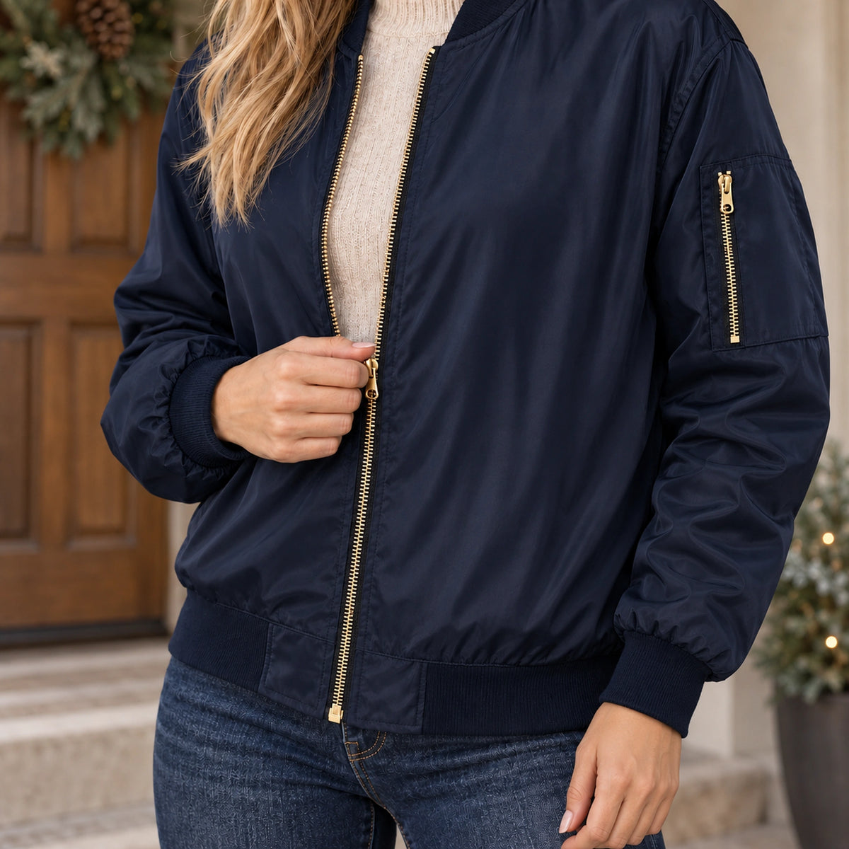 Women's Zip Front Satin Look Bomber Jacket — Daniela — Navy — close up of the zipper and lower rib hem — view 17