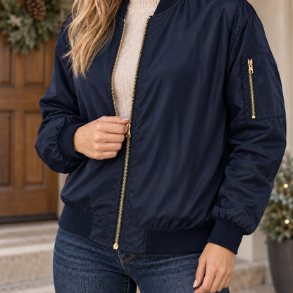Women's Zip Front Satin Look Bomber Jacket — Daniela — Navy — close up of the zipper and lower rib hem — view 17