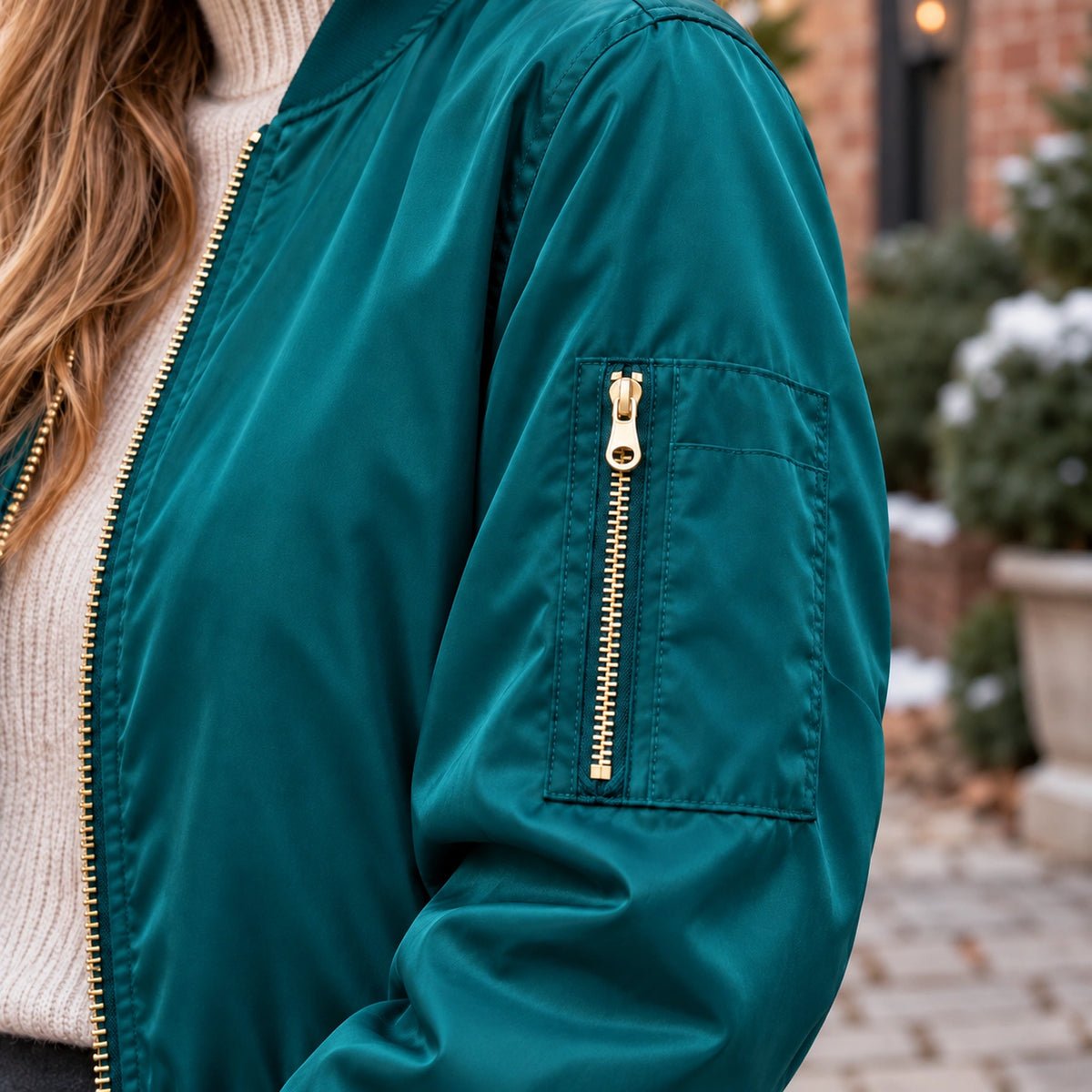 Women's Zip Front Satin Look Bomber Jacket — Daniela — Teal — close up of the sleeve pocket and golden pull — view 18