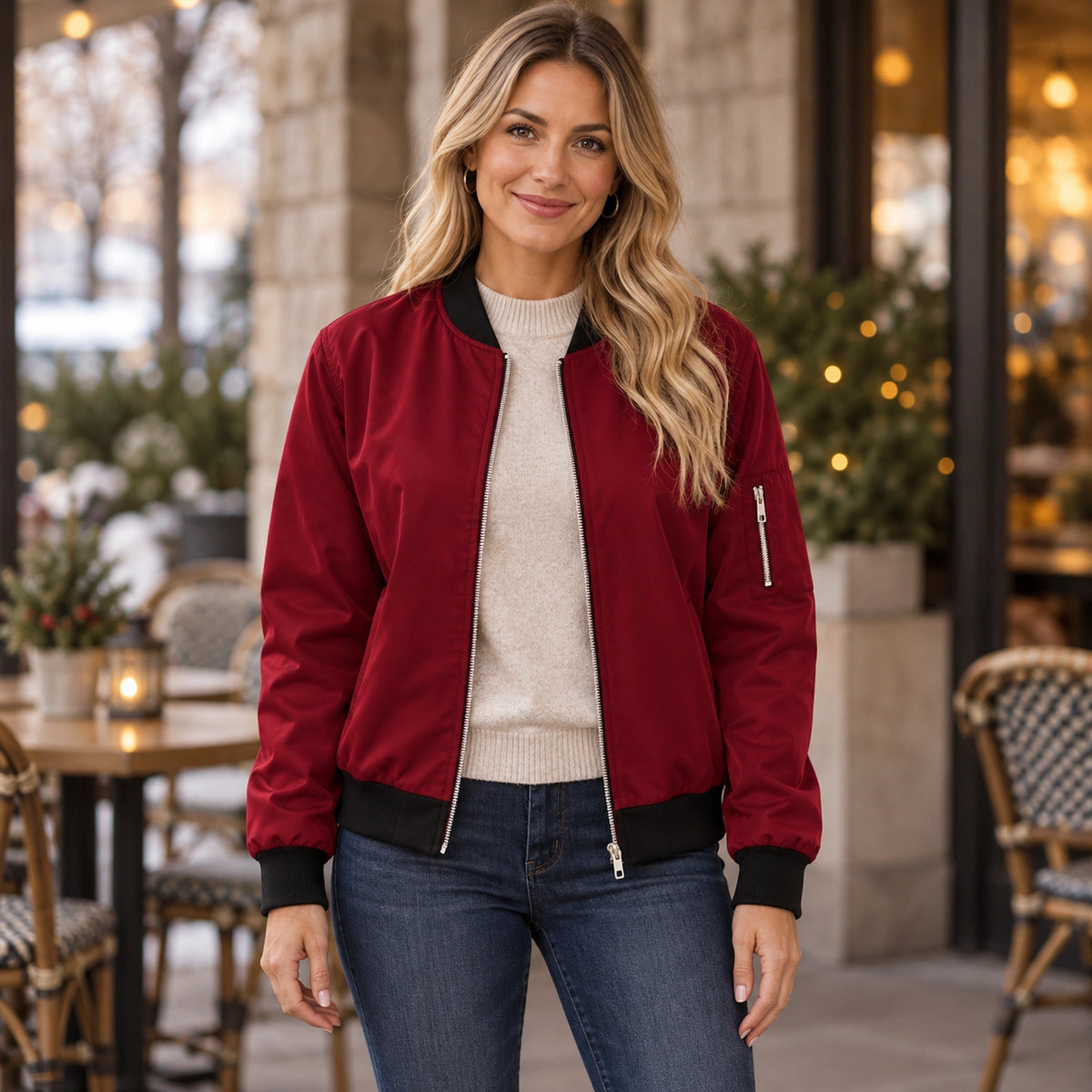 Women's Zip Front Satin Look Bomber Jacket — Daniela — Burgundy — complete view, product focused image — view 3