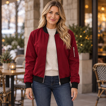 Women's Zip Front Satin Look Bomber Jacket — Daniela — Burgundy — complete view, product focused image — view 3