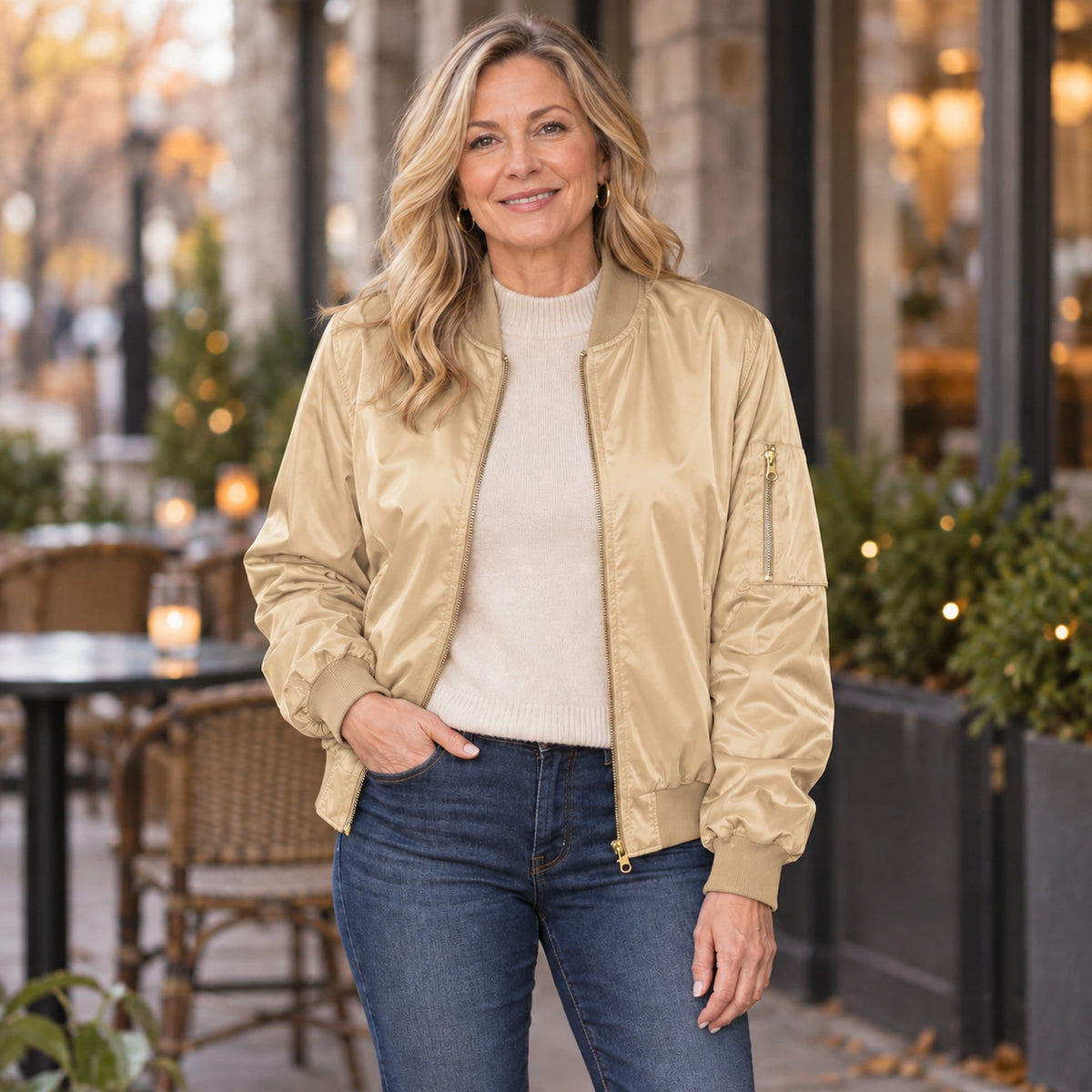 Women's Zip Front Satin Look Bomber Jacket — Daniela — Champagne — straight complete view on an older model, relaxed — view 7