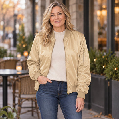 Women's Zip Front Satin Look Bomber Jacket — Daniela — Champagne — straight complete view on an older model, relaxed — view 7