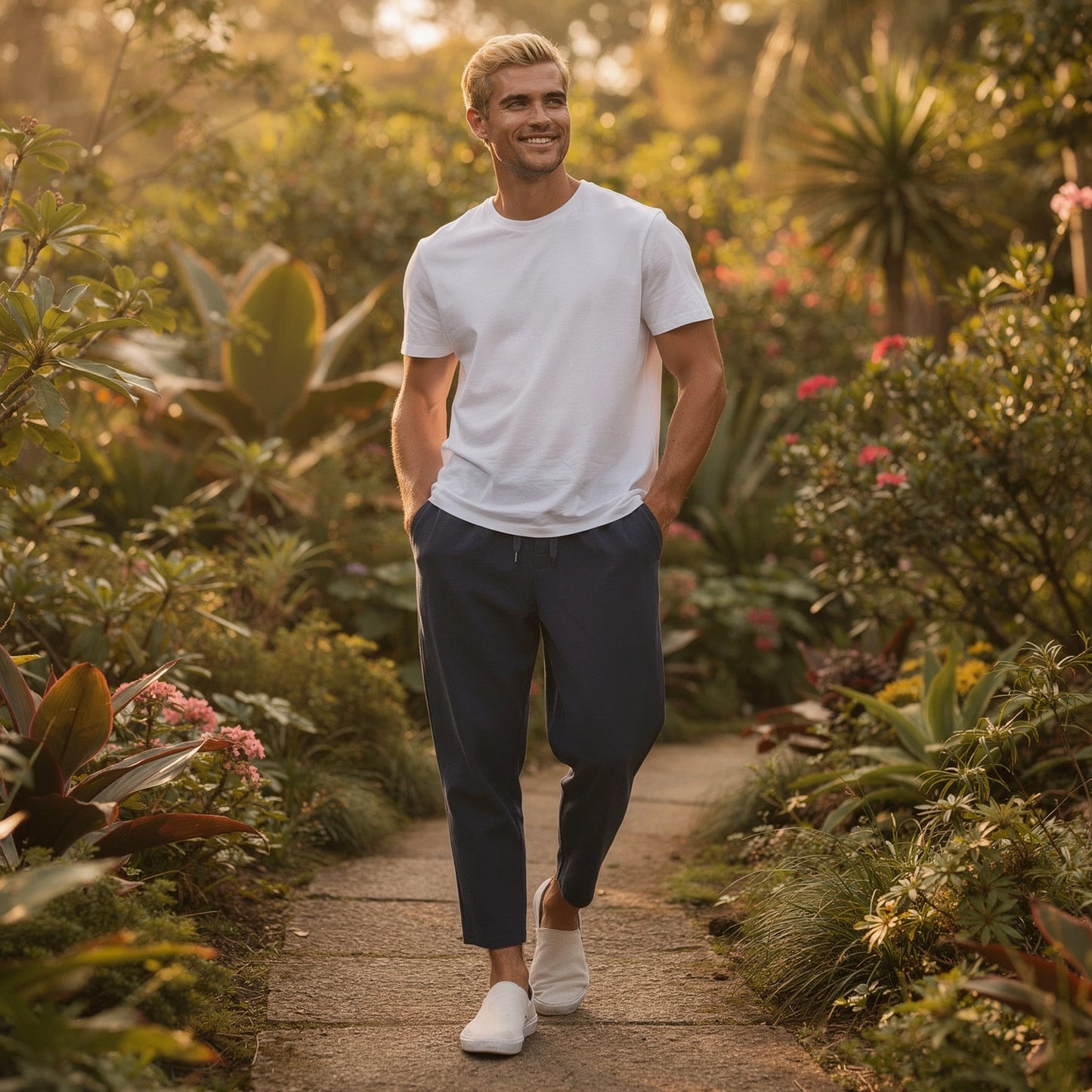 View of relaxed fit corduroy trousers in warm tan, featuring a classic five pocket design and soft texture