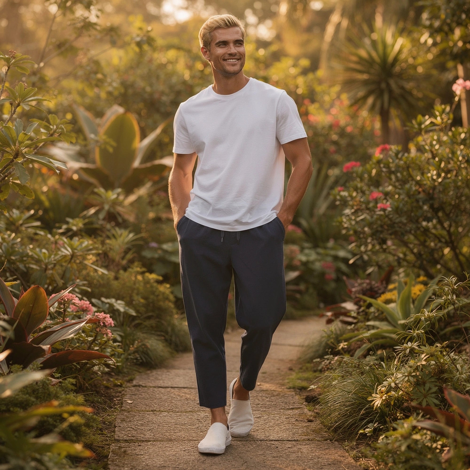 View of relaxed fit corduroy trousers in warm tan, featuring a classic five pocket design and soft texture
