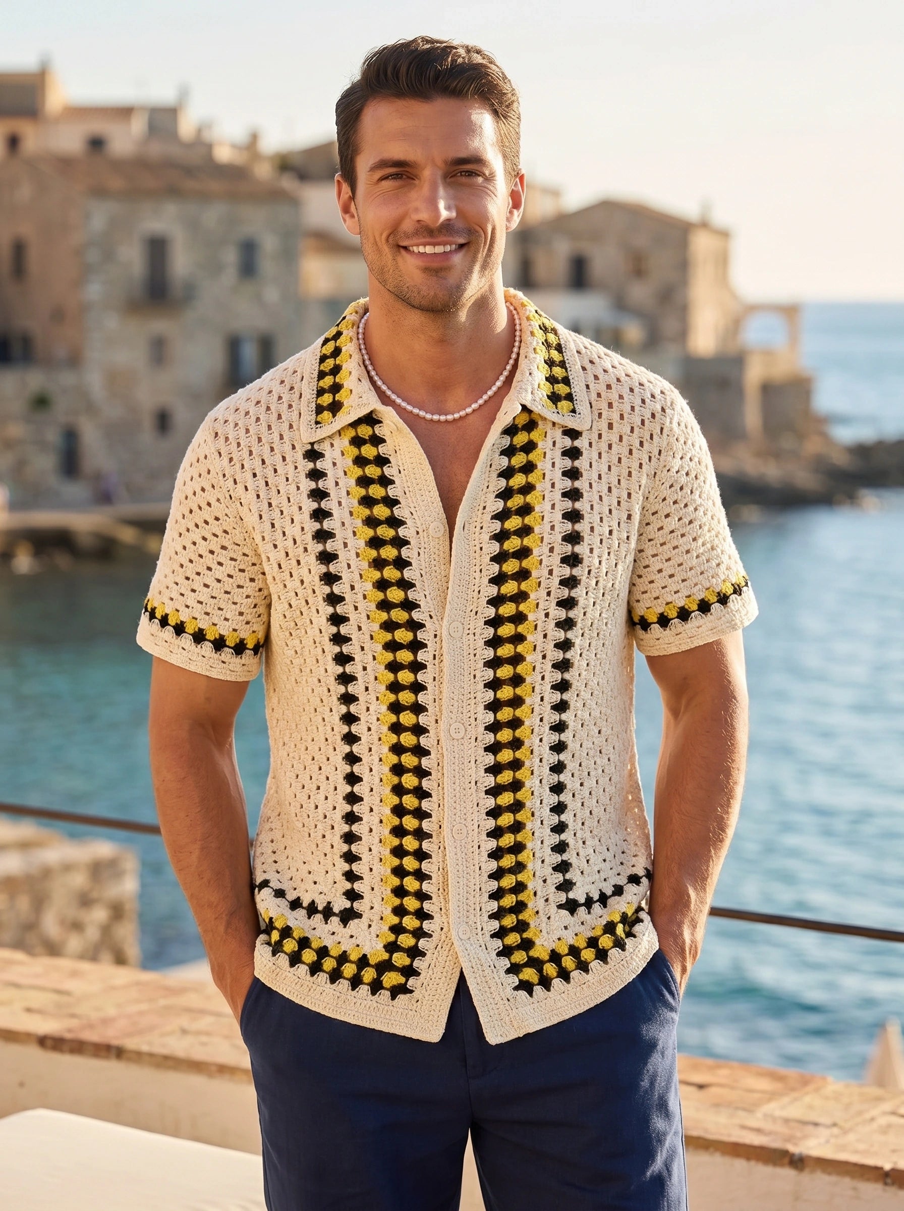 Front view of a male model wearing a hand hooked knitted autumn cardigan in earthy tones, paired with casual bottoms against a neutral background.