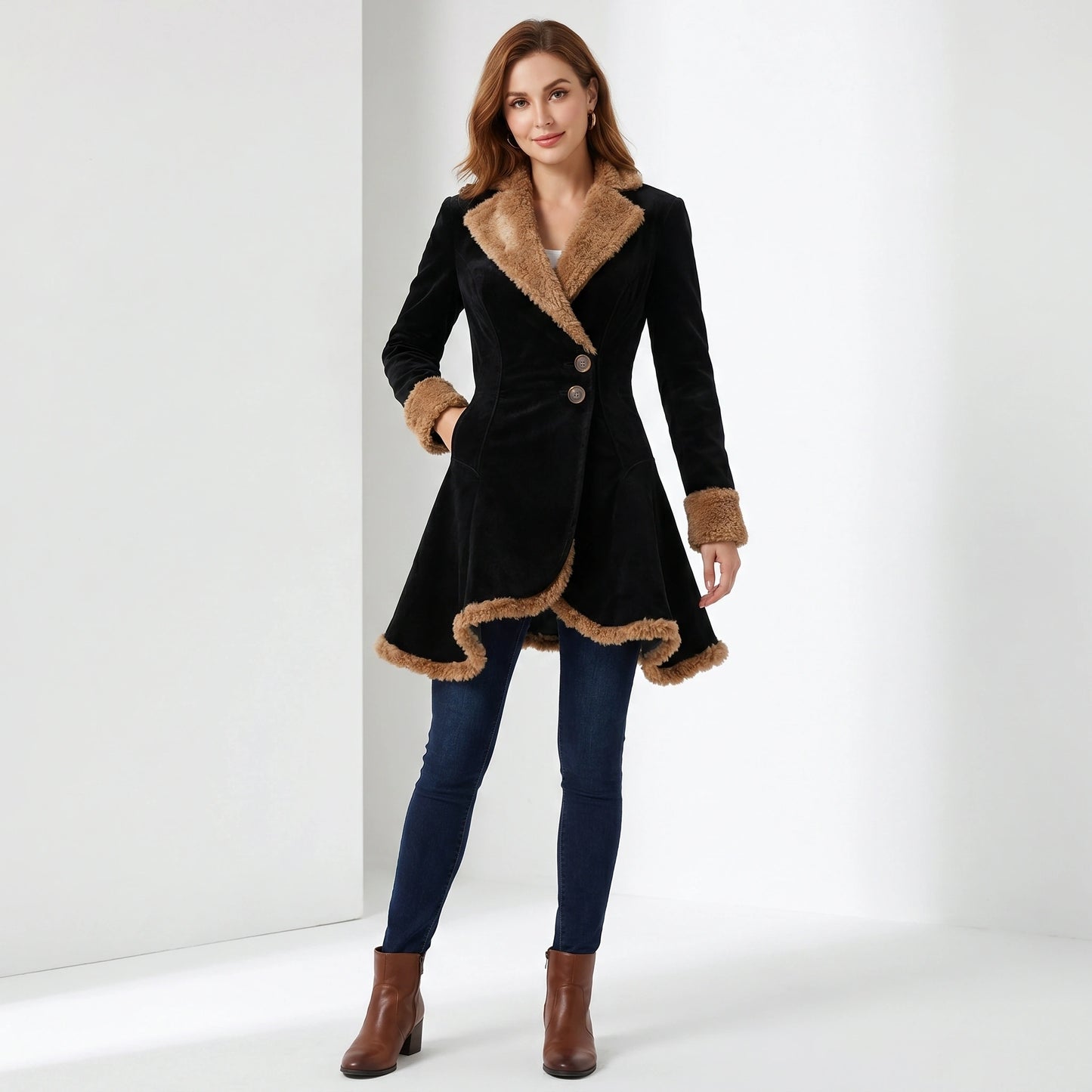 Close up of the Womens Fitted Winter Coat showing the luxurious fabric texture, precise stitching, and design elements against a soft neutral background.