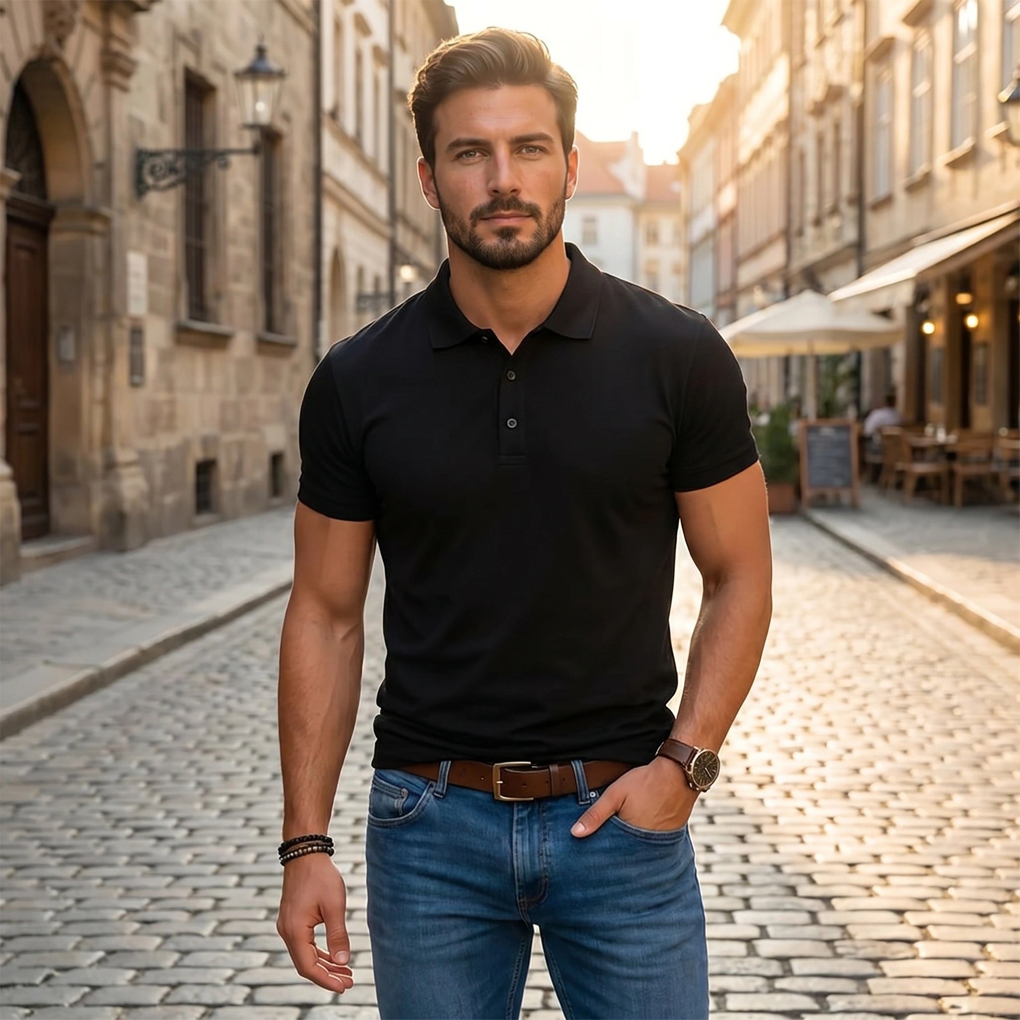 Close up view of the Mens Classic Comfortable Summer Polo Tee showing the soft fabric texture and precise stitching details against a neutral background.