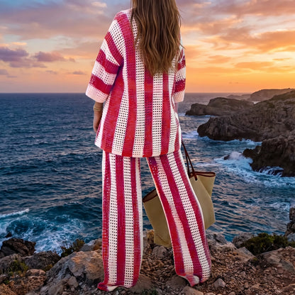 Back view of a model wearing a light beige Womens Airy Boho Summer Beach Set, showing intricate stitching and flowing fabric against a sunny beach backdrop.