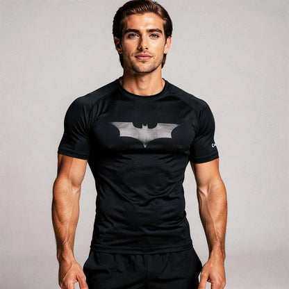 View of a fitted black athletic compression running tee made from moisture wicking fabric with short sleeves