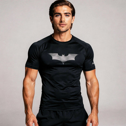 View of a fitted black athletic compression running tee made from moisture wicking fabric with short sleeves