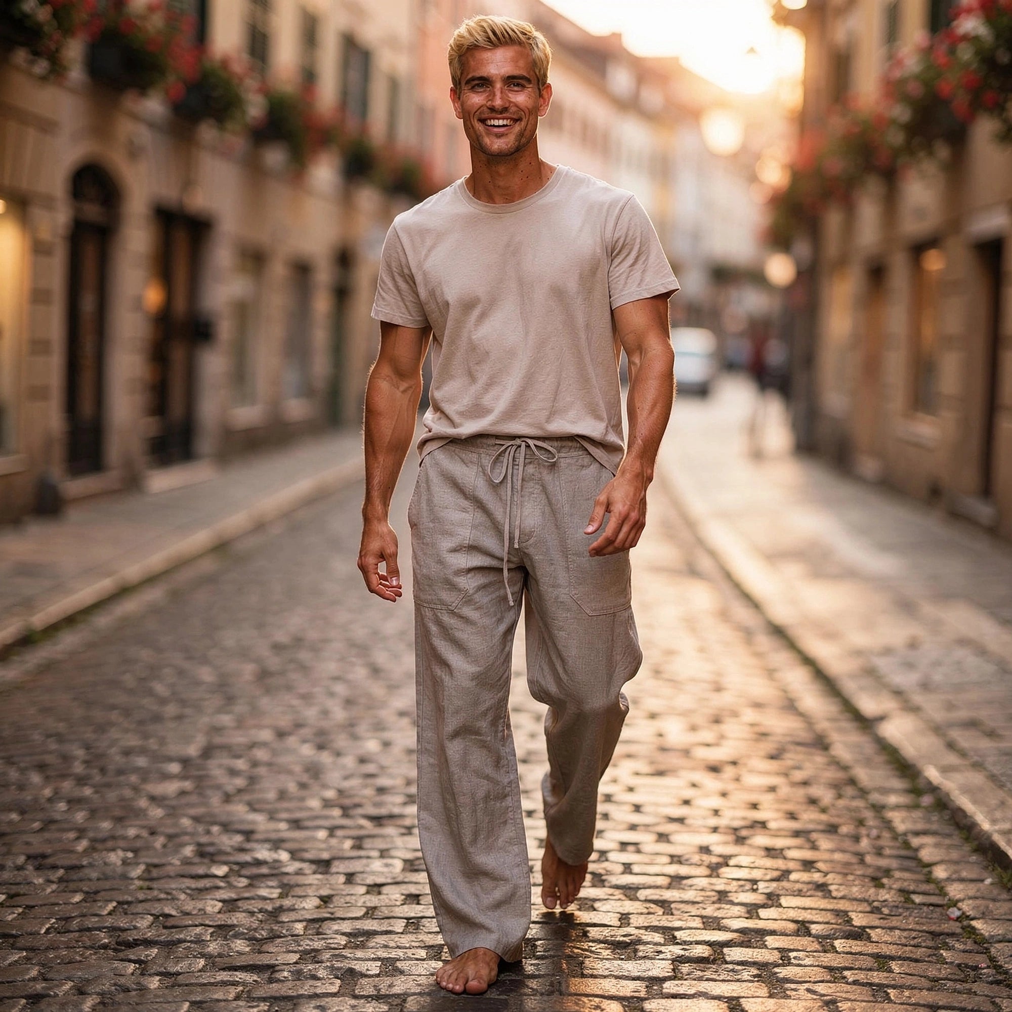 View of wide loose relaxed fit trousers in light gray fabric, featuring a comfortable waistband and pockets