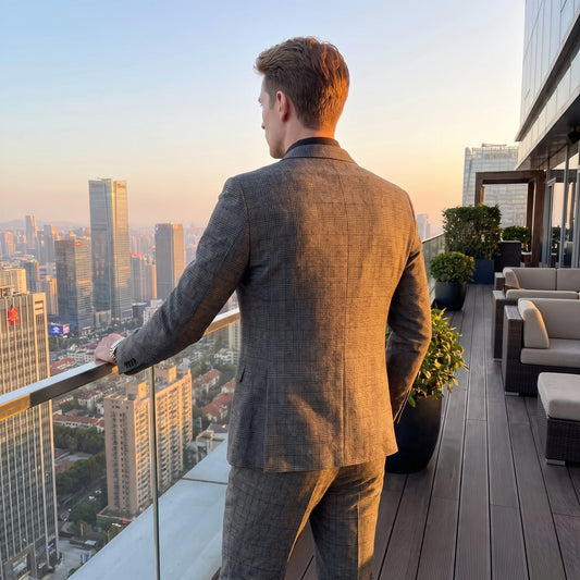 Close up view showing the high quality modified plaid fabric and precise stitching details of the British Korean style three piece suit for men.