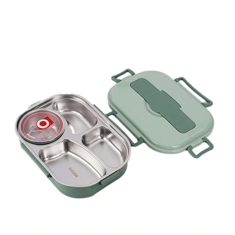 View of a modern stainless steel lunch box with a sleek design, featuring a secure lid and insulated interior