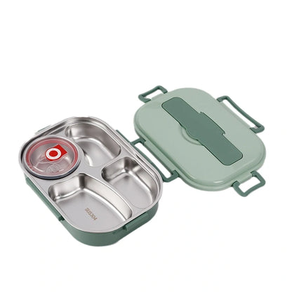 View of a modern stainless steel lunch box with a sleek design, featuring a secure lid and insulated interior