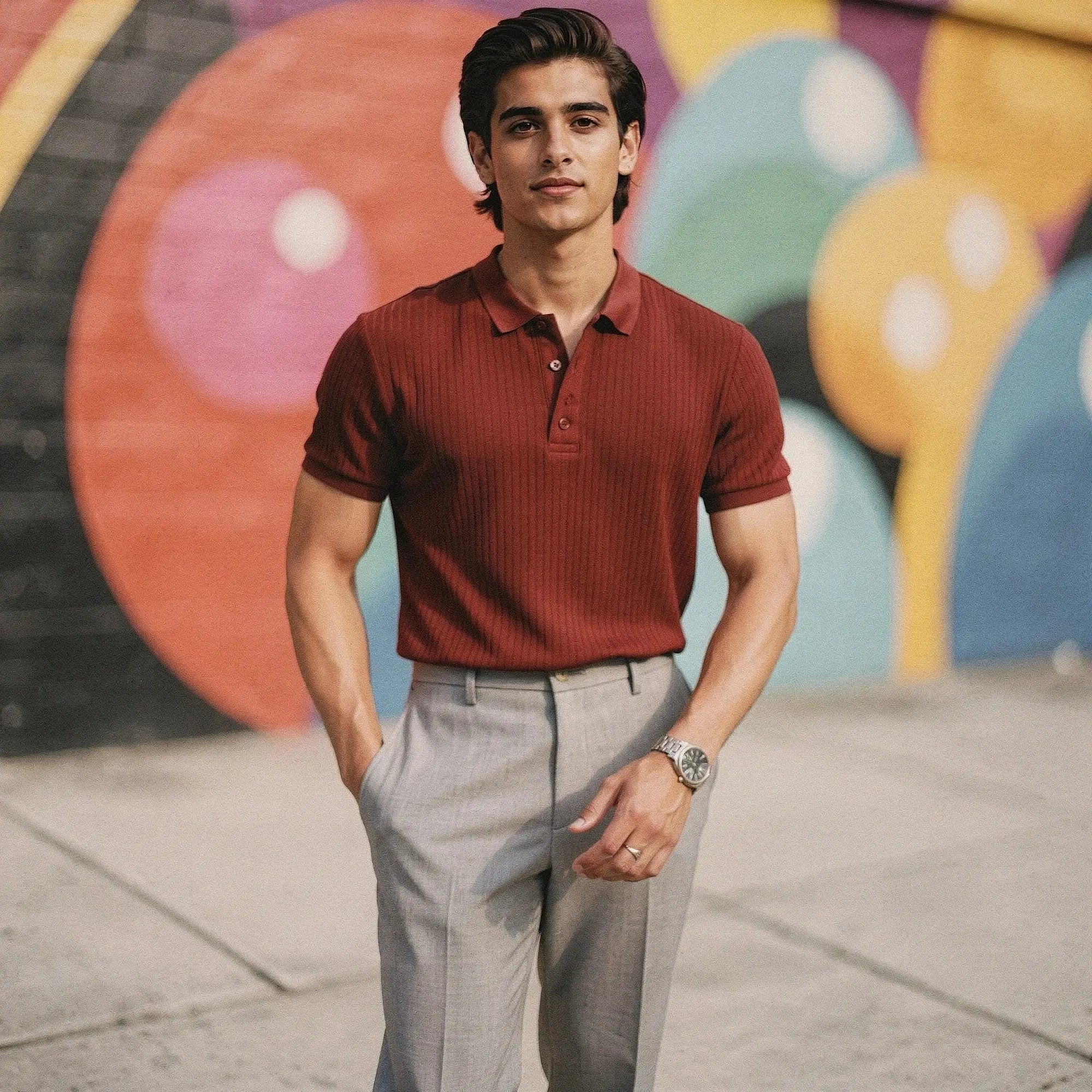 Light gray slim fit short sleeve polo t shirt made of breathable cotton, featuring a classic collar and subtle stitching details