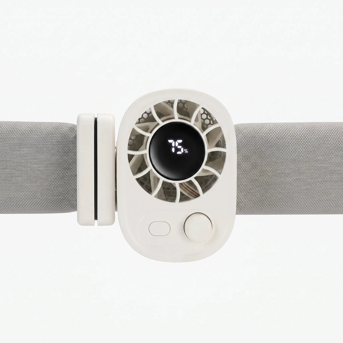 View of a compact clip on fan showcasing its adjustable base, power button, and degree rotation mechanism