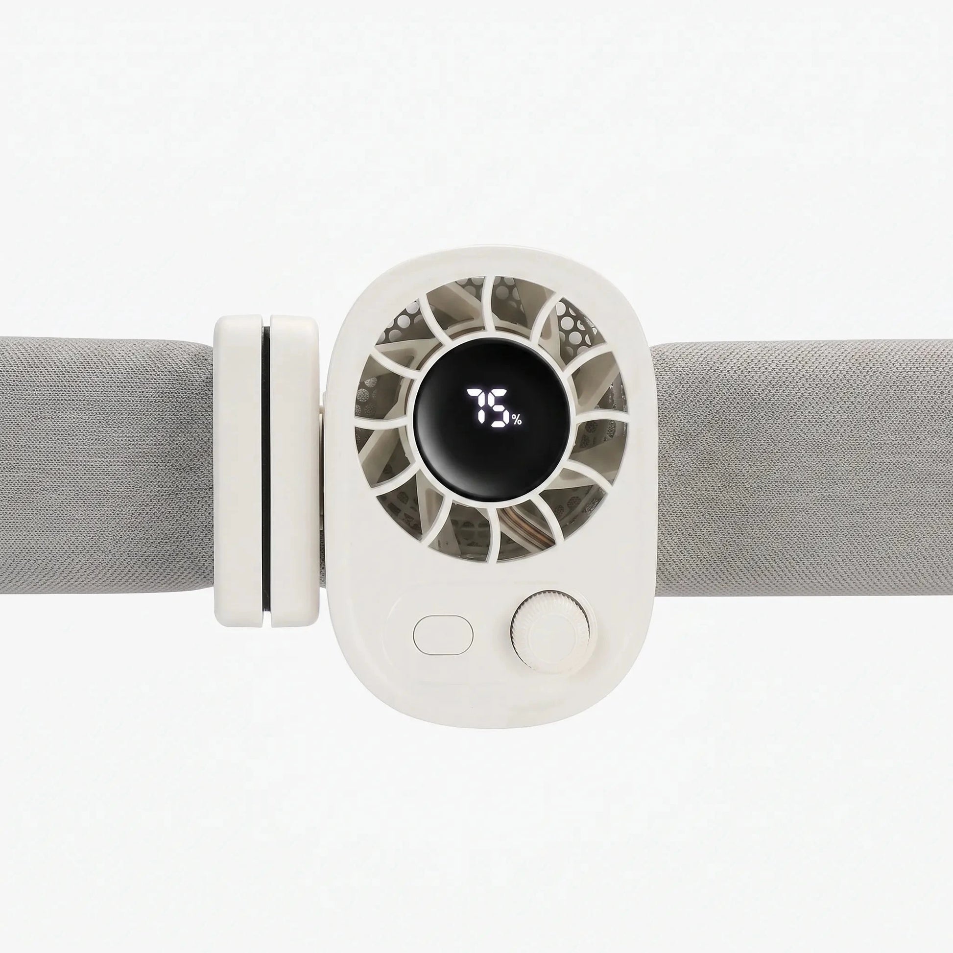 View of a compact clip on fan showcasing its adjustable base, power button, and degree rotation mechanism