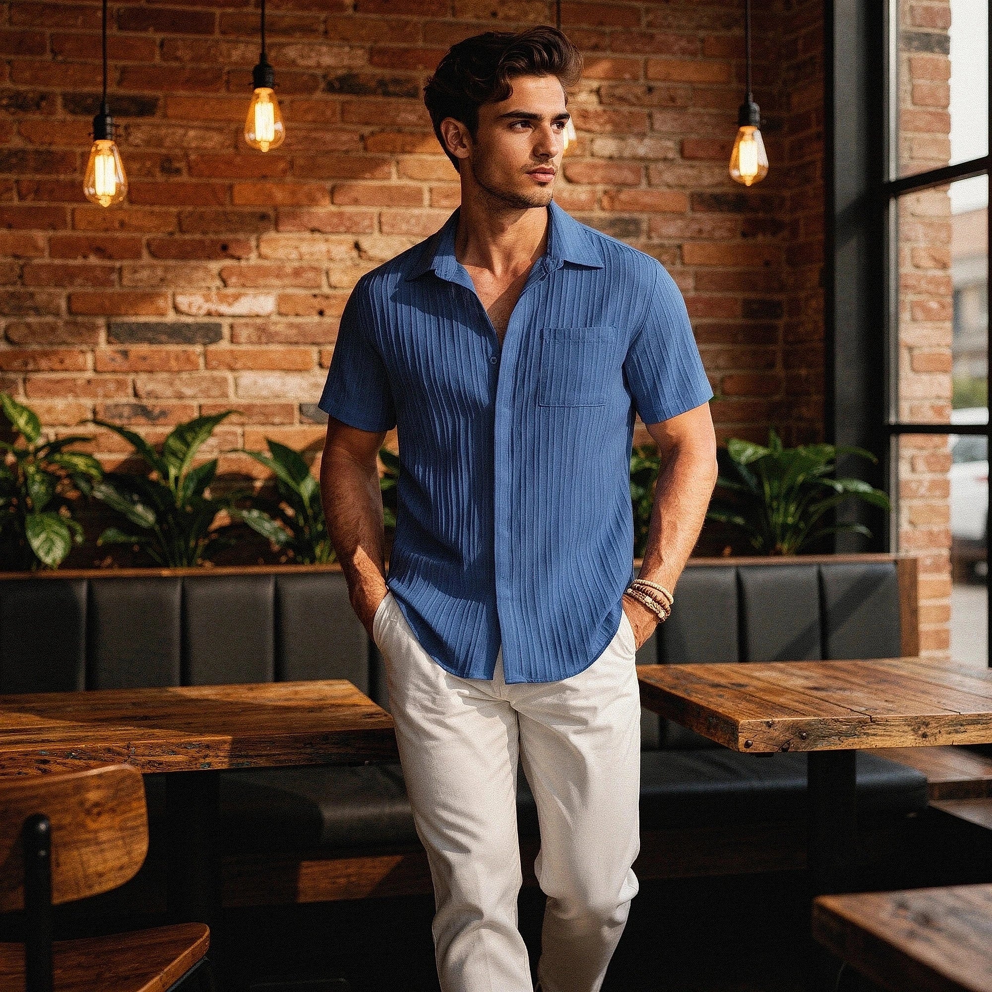 View of a light beige linen shirt featuring a relaxed fit, short sleeves, and a breathable texture